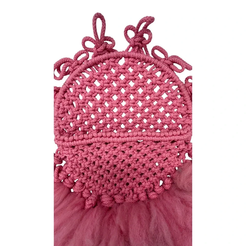 Handmade Pink Macrame‎ Fiber Art Vintage Wall Pocket Hanging Fringe Boho Decor